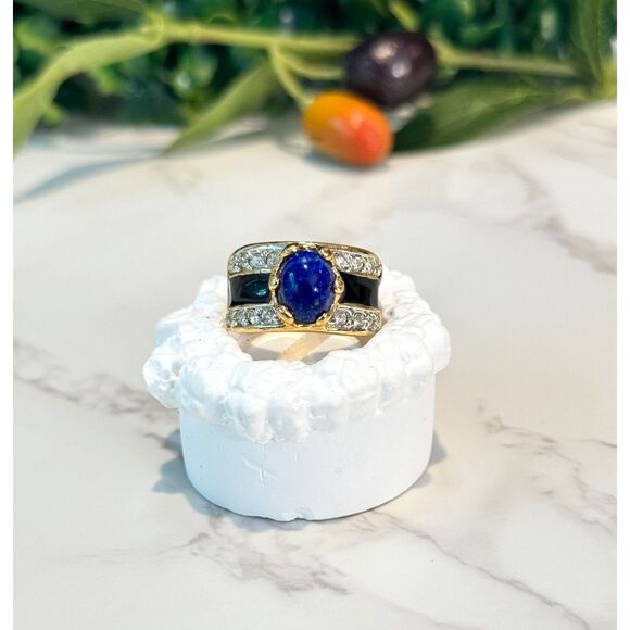 Vintage 18kt Gold Electroplated Lapis Lazuli & CZ Ring - Picture 1 of 4